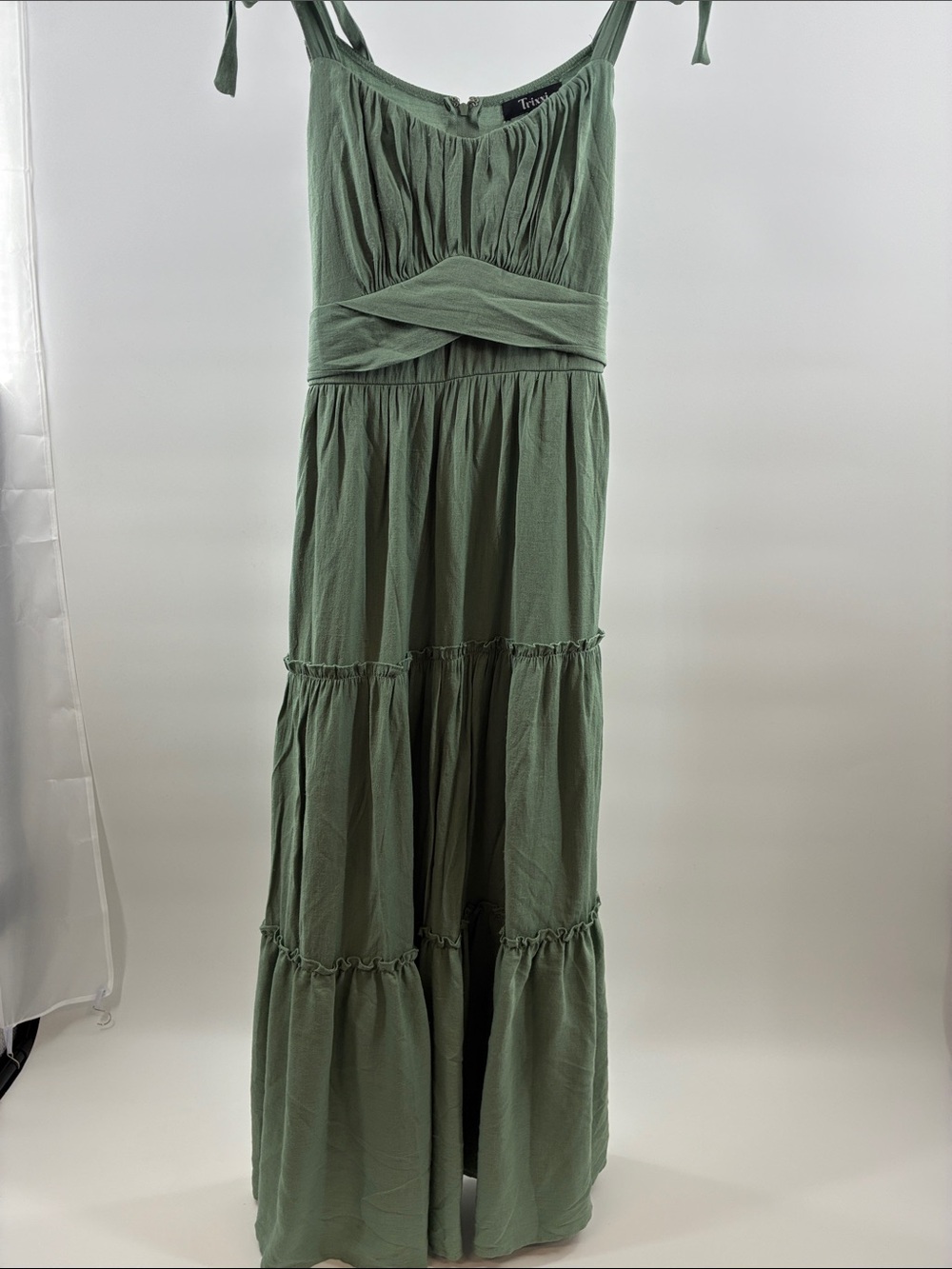 Trixxi Sage Green Tie-Shoulder Tiered Maxi Dress